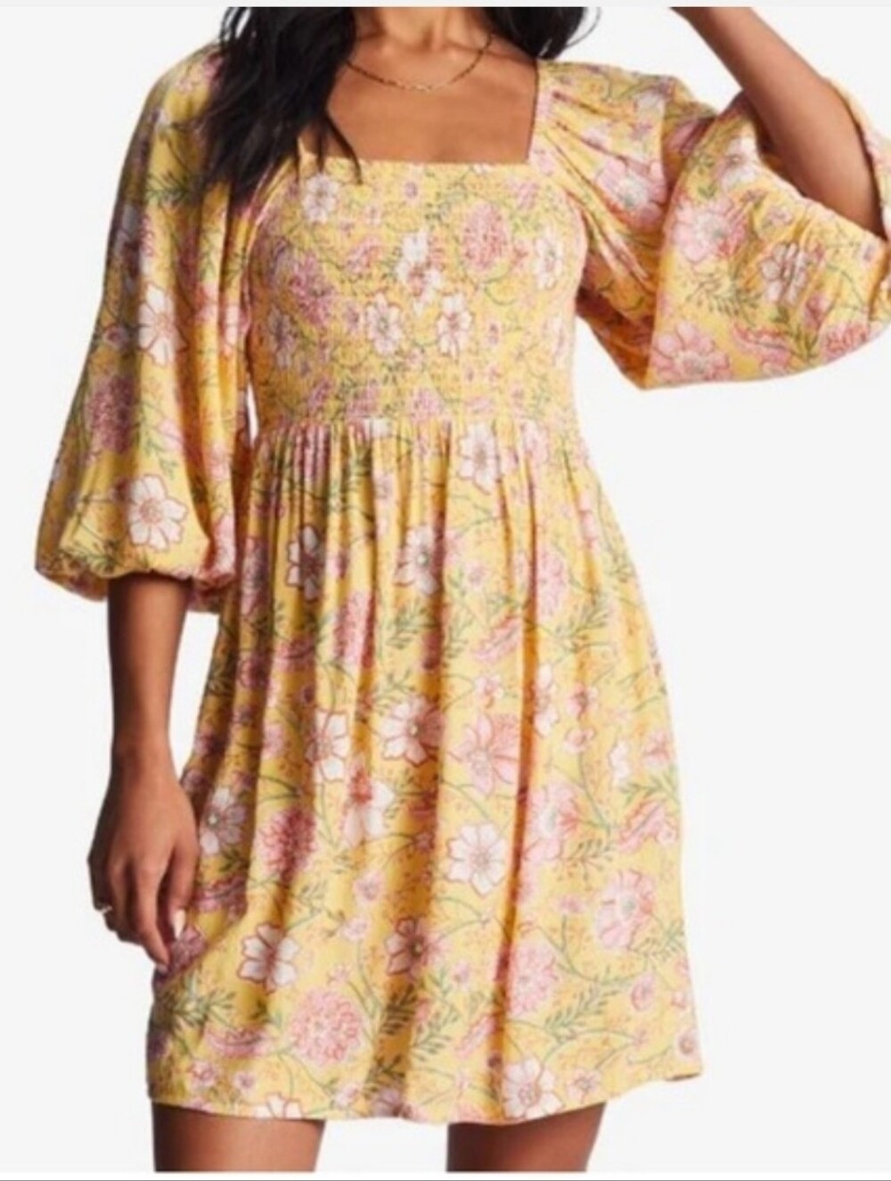 Billabong Yellow Floral Smocked Top with Pink Accents